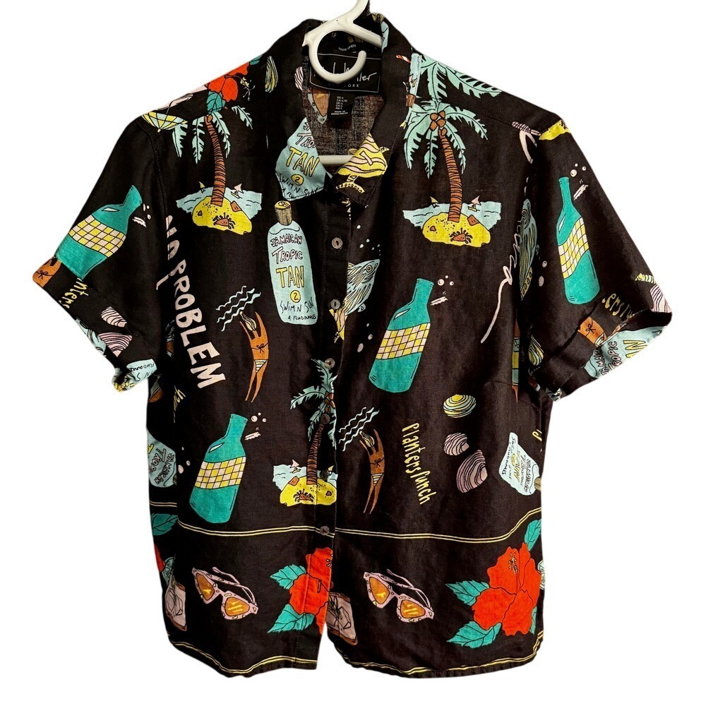Vintage Linen Tropical Print Button Up